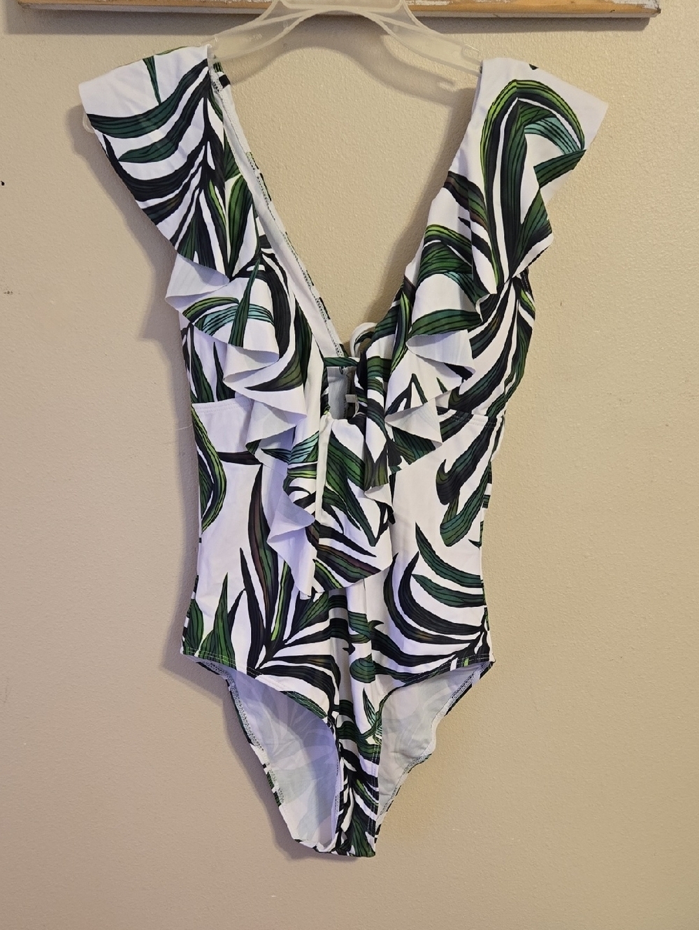 Sporlike One-Piece Swimsuit with Green Leaf Print and Ruffle V-Neck Sz M NWT